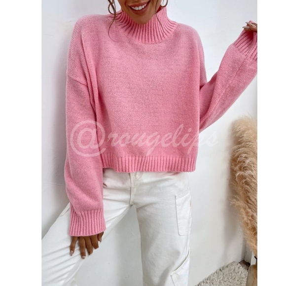 Pink Turtleneck Oversized Pullover Knit Sweater Drop Shoulder - Picture 5 of 8